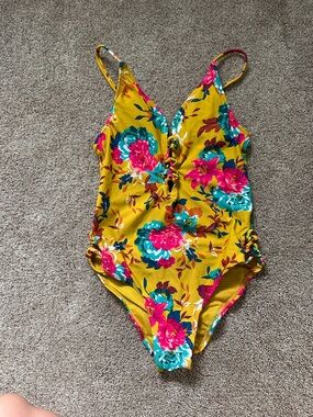 Xhilaration Mustard Yellow Floral Lace-Up One-Piece Swimsuit